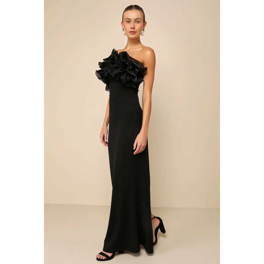 Lulus Evening Excellence Black Ruffled Strapless Mermaid Maxi Dress Size Large - Picture 2 of 7